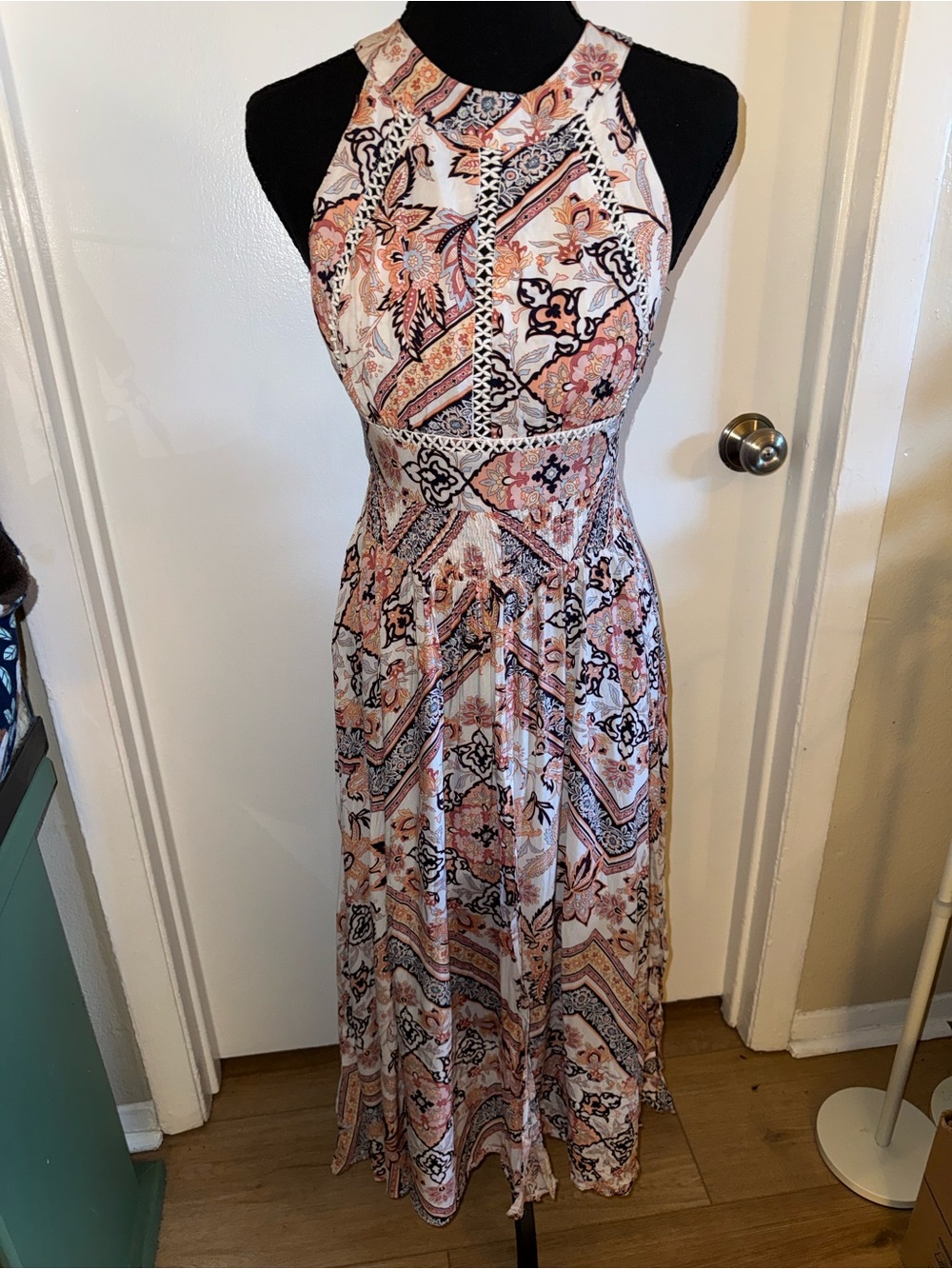 Abel the Label Paisley Open Back Crochet Trim Maxi Dress XS Boho